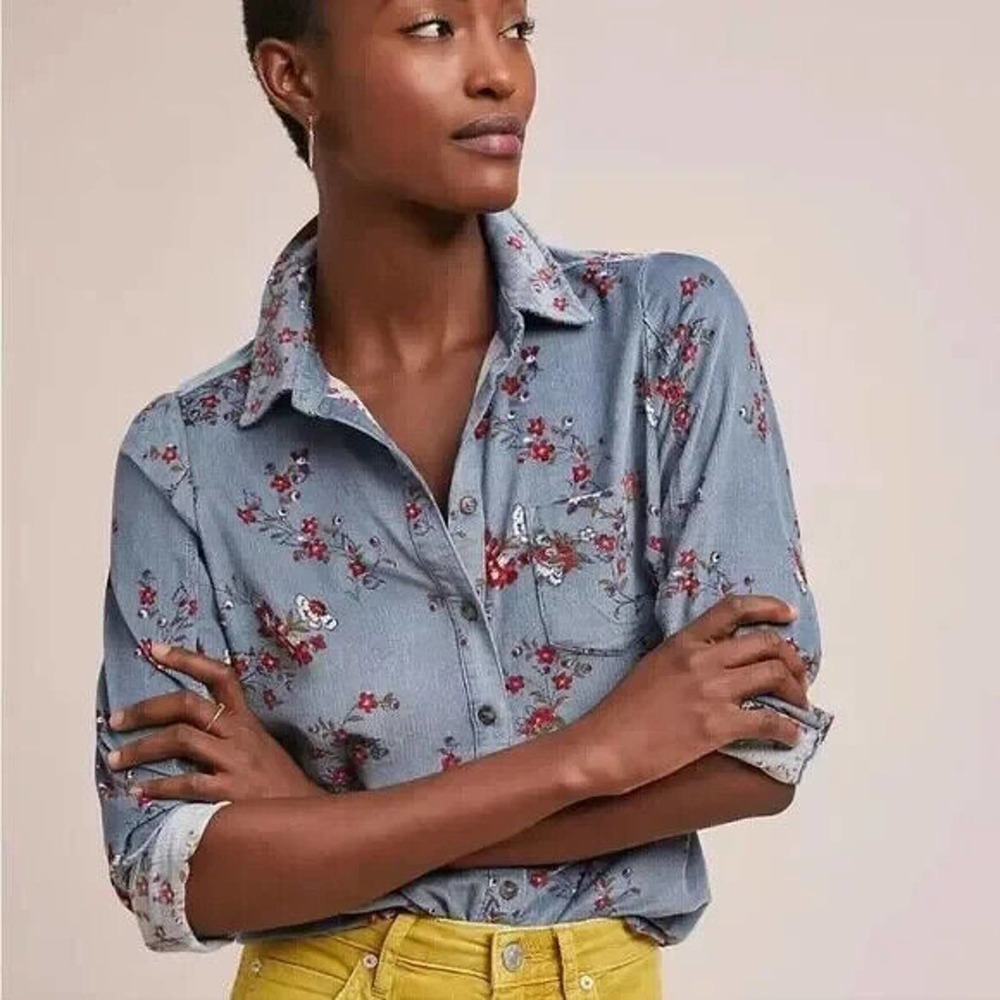 Anthropologie Building 18 Corduroy Floral Button Down Shirt Women's Size 6 Top - Picture 1 of 10